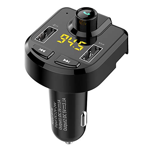 Bluetooth FM Transmitter for car, Wireless FM Transmitter Radio Receiver Adapter Car Kit,with Dual USB Car Charging Ports,Hands Free Calling,Music Player Support TF/SD Card, USB Disk
