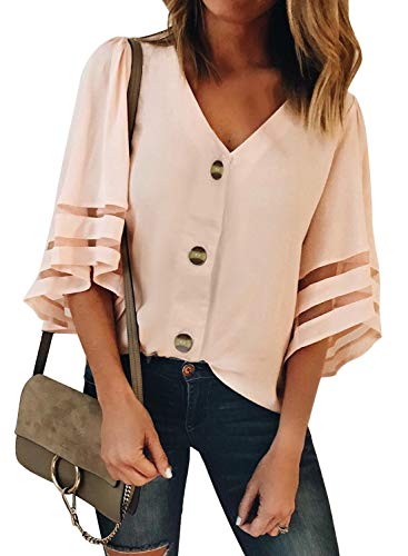 AlvaQ Women V Neck Floral Print Bell Sleeve Shirt Casual Loose Tops Blouse