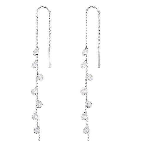 MSECVOI 925 Sterling Silver Tassel Drop Earrings Long CZ Droplet Dangle Threader Earrings for Women