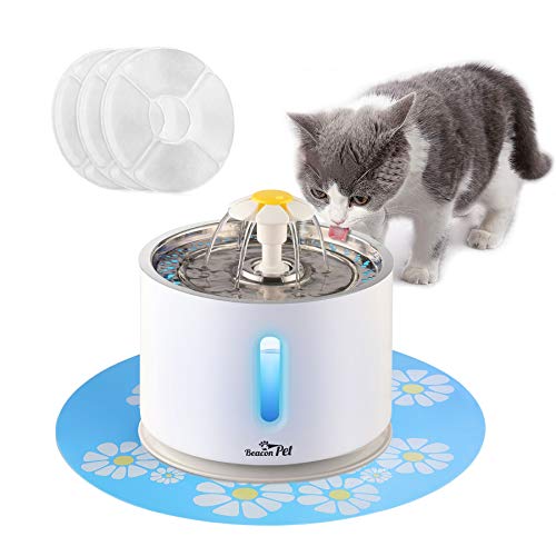Beacon Pet Cat Water Fountain Stainless Steel, 2.4L Automatic Pet Fountain Upgrade Pump Replacement Water Dog Dispenser with 3 Replacement Filters & 1 Silicone Mat for Cats Dogs Multiple Pets