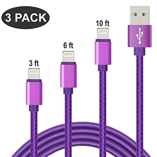 Phone Charger, 3 Pack 3 FT 6 Feet 10 Foot Nylon Braided USB Charging & Syncing Cable Compatible with Phone XS MAX XR X 8 8 Plus 7 7 Plus 6s 6s Plus 6 6 Plus Pad Pod and More (Purple)