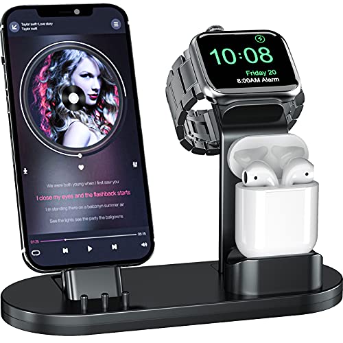 OLEBR 3 in 1 Charging Stand Compatible with Apple Watch 45mm/44mm and 41mm/40mmÂ Series 7/SE/6/5 /4/3 /2/1, AirPods Pro and Phone Series 13/12/11/X/8/7/6S/5ï¼ˆOriginal Cable Requiredï¼‰ Black