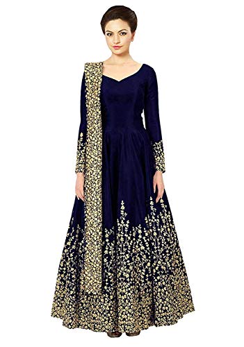 BRIDAL4Fashion Women's Taffeta Silk Semi Stitched Blue color Anarkali Long Gown (Free Size) (Blue)