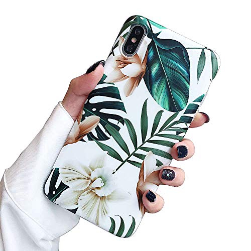 ooooops iPhone Xs Max Case for Girls, Green Leaves with White & Brown Flowers Pattern Design, Slim Fit Clear Bumper Soft TPU Full-Body Protective Cover Case for iPhone Xs Max 6.5'' (Leaves & Flowers)