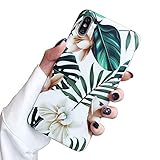 iPhone Xs Max Case for Girls, ooooops Green Leaves with White & Brown Flowers Pattern Design, Slim Fit Clear Bumper Soft TPU Full-Body Protective Cover Case for iPhone Xs Max 6.5'' (Leaves & Flowers)