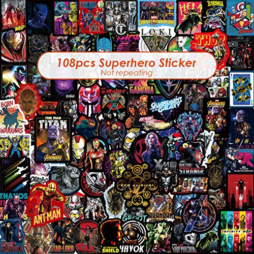 QWDDECO Superhero Sticker Pack (108 pcs) Vinyl Stickers for Skateboard,Bike,Luggage,PS4,Xbos one,iPhone,Laptop,Water Bottles-Party Favors for Teens,Adults,Boys and Girls-Graffiti Decal-Waterproof
