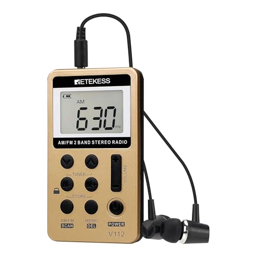 Retekess V-112 AM FM Radio Portable Mini Radio with Earphone Pocket Digital Tuning Rechargeable Battery LCD Display for Walk Jogging(Gold), 1000 mAh Battery