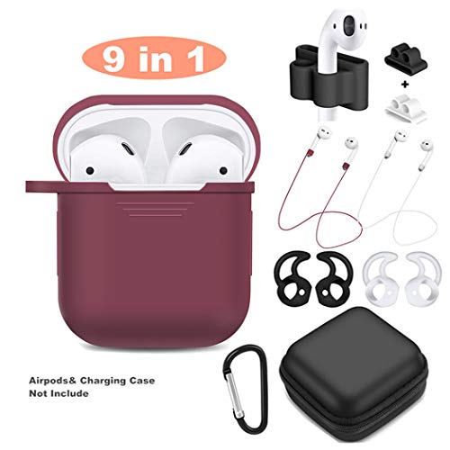 AirPods Case 9 In 1 Airpods Accessories Kits Protective Silicone Cover and Skin Compatible Apple Airpods Charging Case with Airpods Ear Hook/Tips/Airpods Strap/Clips/Watch Holder (Burgundy New)