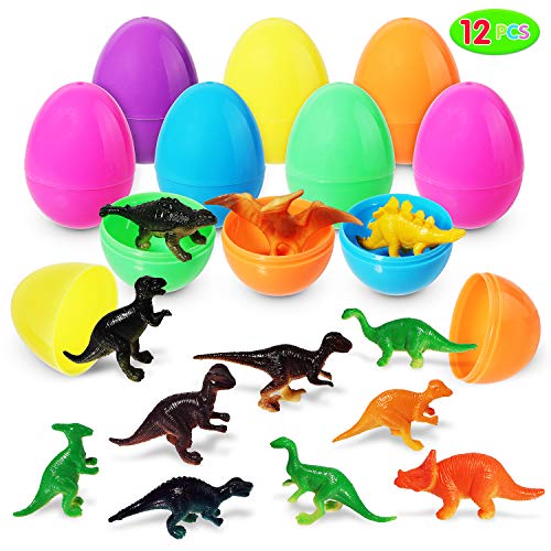 Focus Toys Easter Eggs Toys 12 Pieces Dinosaur Toy Set Prefilled Easter Eggs (Toys Inside); Realistic Dinosaur Set for Easter Theme Party Favor Easter Eggs Hunt Basket Filler Classroom Prize Supplies.