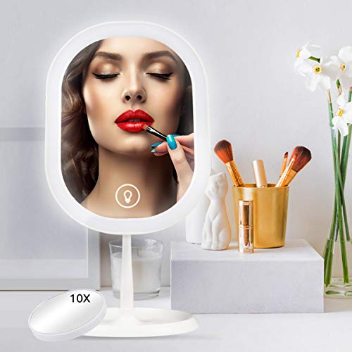 Juhefa LED Lighted Makeup Mirror with 10X Magnifying Mirror, [Rechargeable] Portable Vanity Mirror with Lights,Cosmetic Mirror with Touch Sensor Dimming,180 Degrees Free Rotation