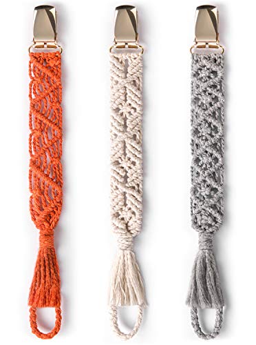Book Cover Mkono Macrame Baby Pacifier Clips,3 Pack Pacifier Soothies Teething Ring Holder for Boys and Girls Braided Pacifier Leash &Teething Toys-Best Baby Shower Gifts(Orange,Gray,Ivory)