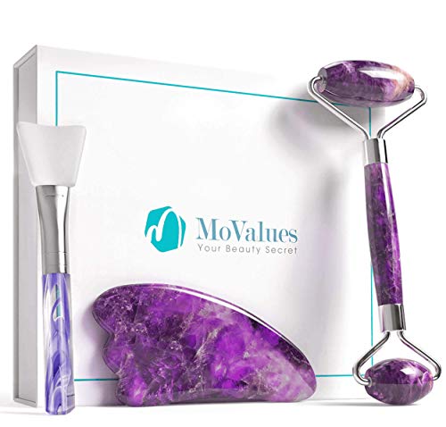 Authentic Amethyst Roller and Gua Sha Set - Jade Roller for Face - Face Roller: 100% Real Natural Amethyst - Face Massager, Facial Roller for Skin, Eyes, Neck - Authentic, Durable, Natural, No Squeaks