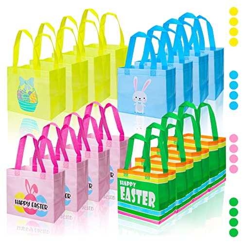 Whaline Easter Gift Bags with Handle 16 Pack Reusable Non-Woven Bunny Easter Egg Colorful Water-Resistant Tote Treat Bags for Gifts Wrapping Egg Hunt Game Easter Party Supplies, 8.5 x 8.5 x 6''