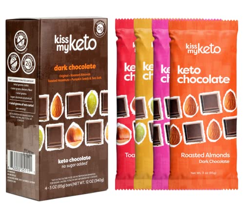 Kiss My Keto Chocolate Bars – Variety Pack 1g Net Carbs – 100% Sugar Free Dark Chocolate, Gluten Free Chocolate – 4 Individually Wrapped Bars, Low Carb Chocolate – Dairy Free Chocolate Candy Bar