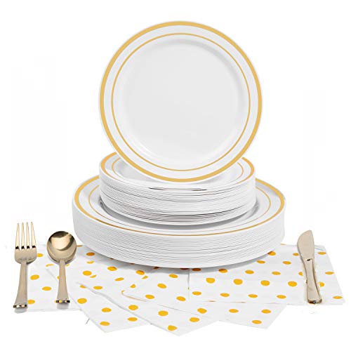 Book Cover 180 Pcs Serves 30, Gold Party Supplies Set | Reusable | No Flimsy Plates Or Weak Cutlery | Gold Trim Disposable Plastic Dinnerware | Includes Dinner Plates, Dessert Plates, Cutlery & 3-Ply Napkins