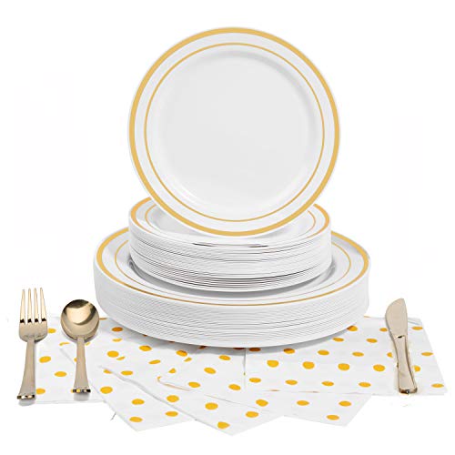 180 Pcs Serves 30, Gold Party Supplies Set | Reusable | No Flimsy Plates Or Weak Cutlery | Gold Trim Disposable Plastic Dinnerware | Includes Dinner Plates, Dessert Plates, Cutlery & 3-Ply Napkins