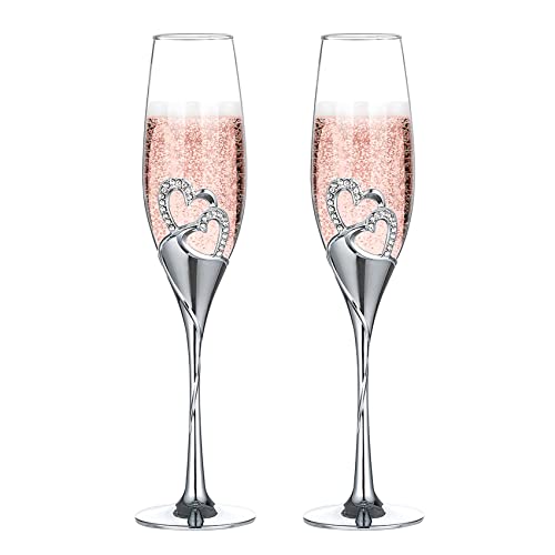 Creative Heart Set with Diamonds Champagne Flutes - Wedding Glasses for Bride & Groom - Toasting Cups Gift Sets for Couples - Engagement, Wedding, Anniversary, House Warming, Hostess Gift (Silver)