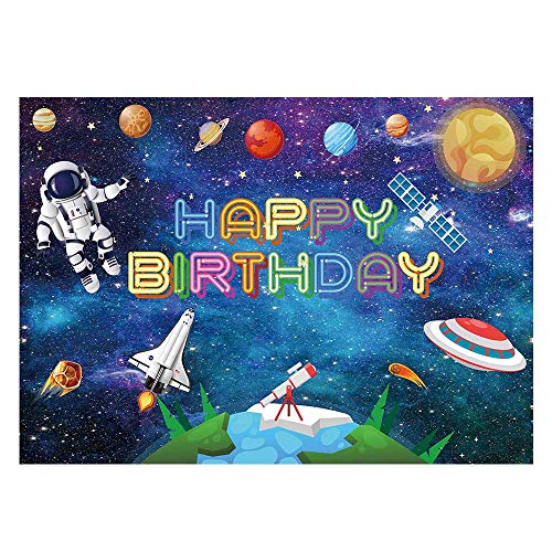 Funnytree 7x5ft Cartoon Outer Space Birthday Backdrop for Baby Boy Universe Galaxy Stars Planets Photography Background Astronaut Portrait Party Cake Table Decorations Banner Photo Booth Props