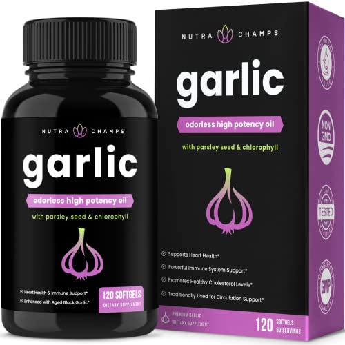 Book Cover Odorless Garlic Pills | Immune Support Garlic Supplements | 1000mg Garlic Oil Softgels | Heart, Blood Pressure & Cholesterol Support | Enhanced with Parsley, Chlorophyll & Aged Garlic Extract