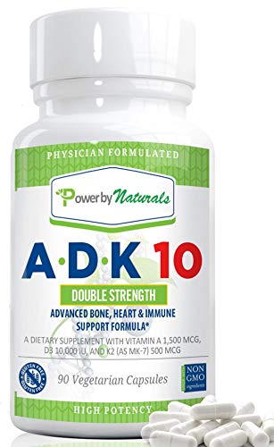Power By Naturals Vitamin ADK 10 Supplement - Daily Vitamins A, D3 10000 iu, K2 (as MK-7 Supplement for Bones, Heart, and Immune Support - 90 Pills of VIT A D3 with K2 - (3 Months)