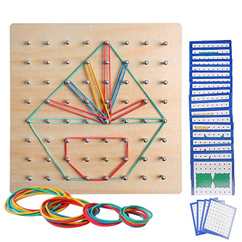 USATDD Wooden Geoboard Mathematical Manipulative Material Array STEM Block Geo Board Graphical Educational Toys with Pattern Flash Cards and Latex Bands Shape Puzzle Matrix 8x8 Brain Teaser for Kid