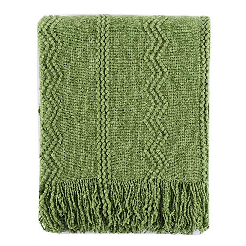 BATTILO HOME 100% Acrylic Knitted Throw Blanket Super Soft Textured Solid Decorative Throw Blanket with Tassels Cozy Plush Lightweight Fluffy Woven Blanket for Bed Sofa (Green, 50"x60")