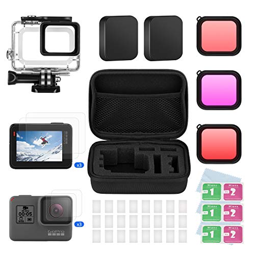 BOYISEN Housing Case Filter Kit for GoPro Hero 7 Hero 6 Hero 5 Black/Hero (2018), Including Diving Waterproof housing case,3X Filter, HD Glass Protective Film, 2X Lens Cap,24x Anti-Fog Inserts, Case