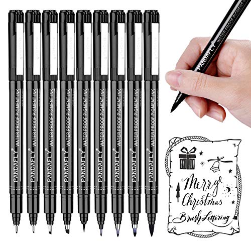 PANDAFLY Hand Lettering Pens, Calligraphy Brush Pen, 9 Size Art Markers Set for Beginners, Writing, Sketching, Art Drawings, Signature, Cartoon, Illustrations, Scrapbooking, Journaling (Black)