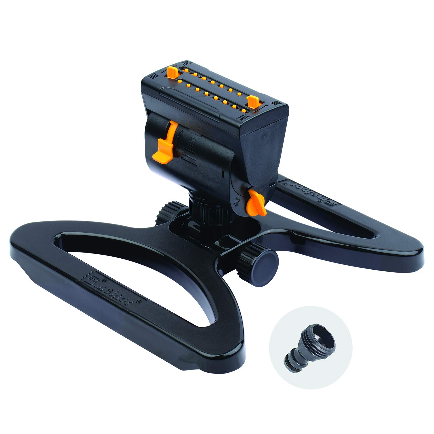 Melnor 65003-AMZ MiniMax Turbo Oscillating Sprinkler with QuickConnect Product Adapter Watering Set, On Base, Black, Yellow On Sled Sprinkler