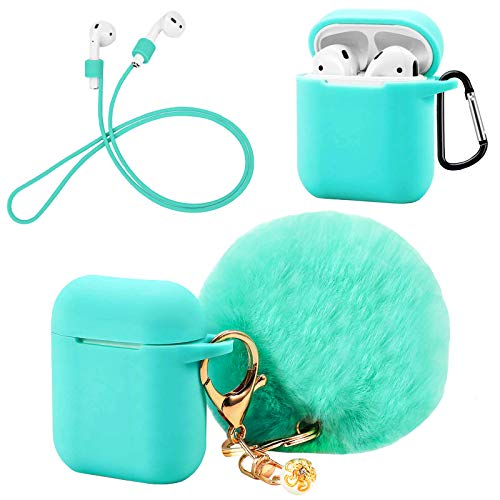 Silicone Hang Case Cover with Locking Carabiner and Fur Ball Keychain Compatible with Airpod Charging Case - Anti-dust Shockproof Silicone Shell Headphone Accessories (Turquoise)