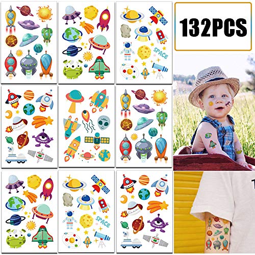 132PCS Outer Space Party Favors Tattoos Temporary for Kids - Solar System Astronaut Planets Baby Shower/Birthday Party Supplies Decorations Goodie Bag Stuffers(12 Sheets)