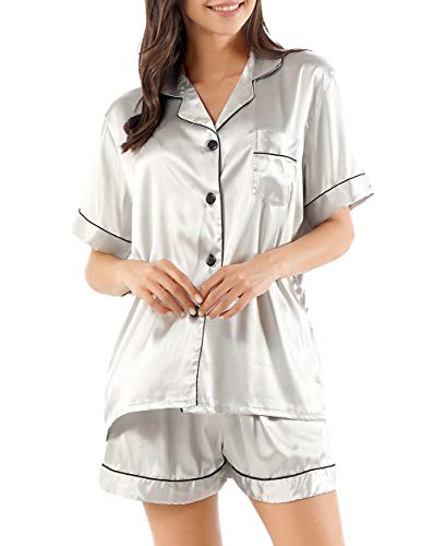 GAESHOW Womens Silk Pajamas Set, Satin Pajamas Short Sleeve Pj Sets Button-Down Sleepwear Two Piece Loungewear S~3XL Grey