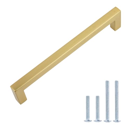 Amazon Basics Modern Square Cabinet Pulls, Kitchen Drawer Handles, 5.39-inch Length (5-inch Hole Center), Golden Champagne, 10-Pack