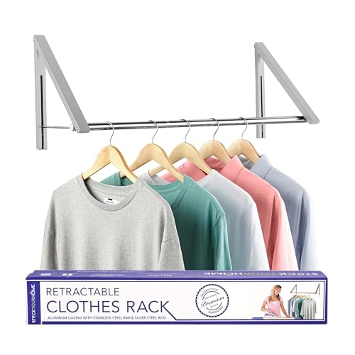Stock Your Home Retractable Clothes Rack - Wall Mounted Folding Clothes Hanger Drying Rack for Laundry Room Closet Storage Organization, Aluminum, Easy Installation, 2 Racks with Rod (Silver)