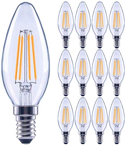 (12 Pack) 60-Watt Equivalent LED E12 Candelabra Base B11 Dimmable Clear Filament Vintage Style Light Bulb 2700K Warm White Decorative 60W LED Chandelier Ceiling Fan Bulbs.