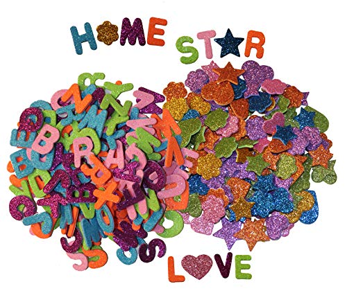 Letters and Shapes Foam Glitter Stickers (Pack of Approx. 280) Self Adhesive - Assorted Colors Kid's Arts Craft for Greeting Cards Home Decoration - Hearts, Stars, Flowers | 130 Letters & 150 Shapes