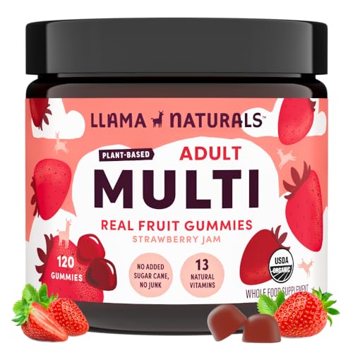 Llama Naturals Multivitamin for Women & Men, Vegan, Organic Gummies with Vitamin D, C & K, Adults Real Fruit Gummy Vitamins, Chewable Multivitamin Supplement, No Added Sugar Cane, Strawberry, 120 Ct