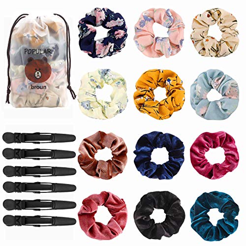 Hair Scrunchies 12Pcs with Hair Clips 6Pcs for Baby Girl Including Velvet Elastic Hair Bands and Chiffon Flowers Elastic Hair Ties by Eggsnow Soft Scrunchy Hair Ropes for Women Girls
