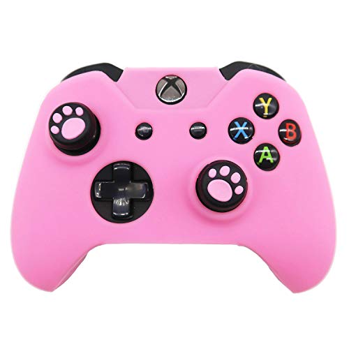 Book Cover Xbox One Controller Skin Pink, BRHE Anti-Slip Silicone Cover Protector Case Accessories Set for Microsoft Xbox 1 Wireless/Wired Gamepad Joystick with 2 Cat Paw Thumb Grips Caps (Pink)