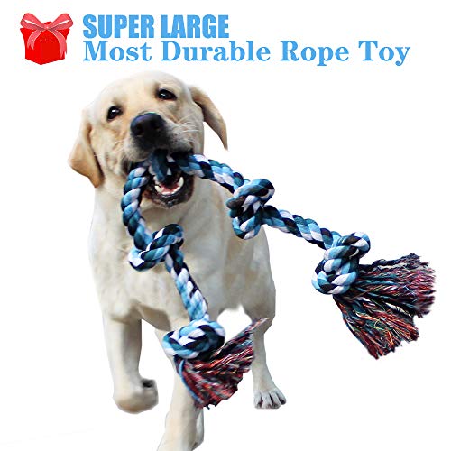 Dog Rope Toy for Aggressive Chewers, Super Large(35 Inch, 1.6 Pounds, 5 Knots) Durable Cotton Rope Toy for Large Powerful Breed Dog, Tough Tug of War Rope Toy for Chewing and Teething Cleaning (Blue)