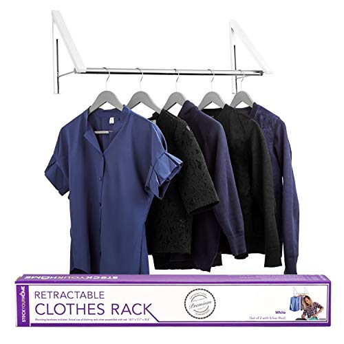 Stock Your Home Retractable Closet Rod and Clothes Rack - Wall Mounted Folding Clothes Hanger Drying Rack for Laundry Room Closet Storage Organization, Aluminum, Easy Installation (White)