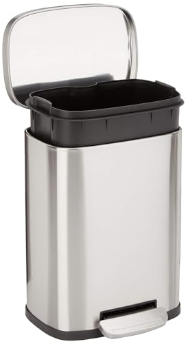 Amazon Basics Smudge Resistant Mini Rectangular Trash Can with Soft-Close Foot Pedal, Brushed Stainless Steel, for Bathroom & Small Space, 5 l /1.3 gallon, Silver, 7.3x8.5 x11.8 in (LxWxH)