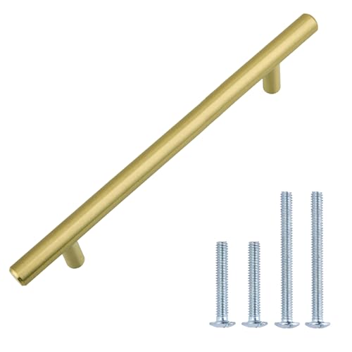 Amazon Basics Euro Bar Cabinet Handles, Kitchen Cabinet Pulls, Hardware for Cupboards, 1/2-inch Diameter, 7.38-inch Length, 5-inch Hole Center, Golden Champagne, 25-Pack