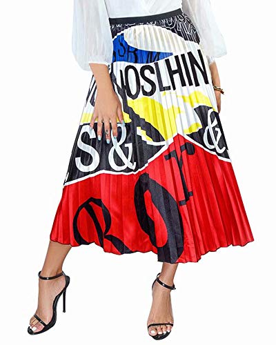ThusFar Women's Graffiti Pleated Skirts Cartoon Printed Elastic Waist A-Line Swing Midi Skirt