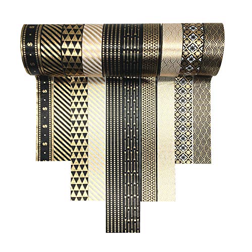 VIVIQUEN Gold Washi Tape Set 15MM Foil Skinny Masking Tape Decorative Pack for DIY Scrapbooking, Crafts, Gift Wrapping, Holiday Decoration (Black Basic Pattern 10 Rolls)