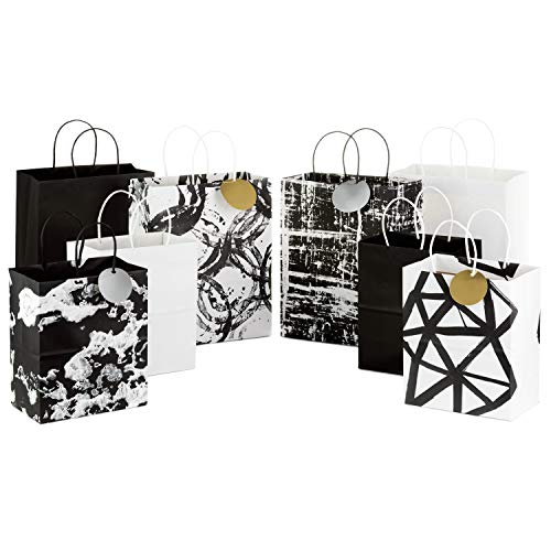Hallmark Black and White Paper Gift Bags Assortment (Pack of 8; 4 Medium 10", 4 Large 13") for Birthdays, Christmas, Bridal Showers, Baby Showers, Weddings, Halloween, Graduations
