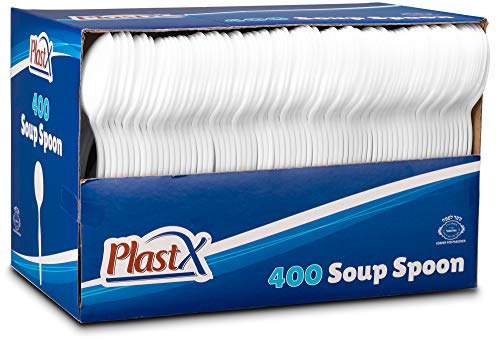 PlastX Cutlery 400 Count Disposable Plastic White Soup Spoons Great For Home, Office, Party, Concession Shop, or Restaurants, Kids, Outdoor Event Or Everyday Use (1 Box)