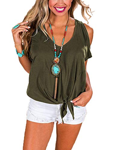 Queensheero Women's Summer Cold Shoulder Tops Tie Knot Short Sleeve Batwing Shirt V Neck Tee Blouses
