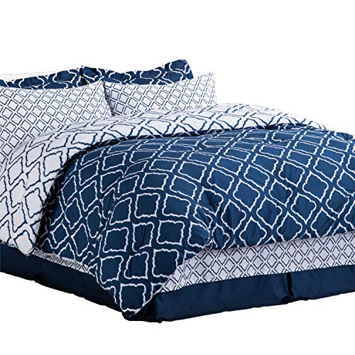 Book Cover Bedsure Bed in A Bag - Queen Size, Navy, All Season Quatrefoil Pattern Bed Comforter Set 8 Piece (1 Comforter, 2 Pillow Shams, 1 Flat Sheet, 1 Fitted Sheet, 1 Bed Skirt, 2 Pillowcases)