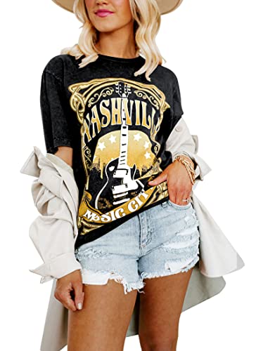 Womens Country Music Shirts Nashville Concert Outfit Distressed Print Rocker Tops Short Sleeve Blouse
